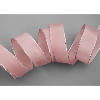 25 m x 25 mm Dekoband FAIRY TALE ROSA SILBER Drahtkantenband mit Lurex Metallgarn Geschenkband Weihnachten Stoffband Metallic glnzend