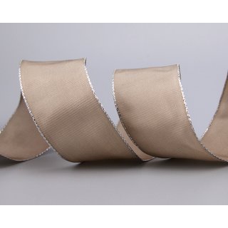 3 m x 40 mm Dekoband FAIRY TALE TAUPE SILBER Drahtkantenband mit Lurex Metallgarn Geschenkband Weihnachten Stoffband Metallic glnzend