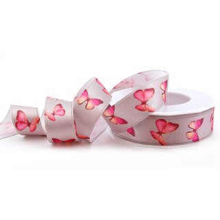 20 m x 25 mm Dekoband BUTTERFLY HELLGRAU / ROSA...