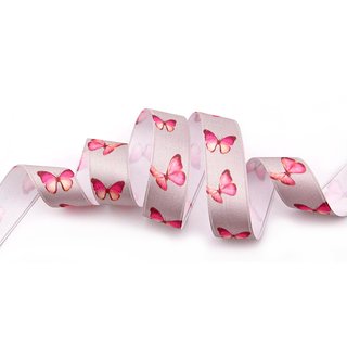 20 m x 25 mm Dekoband BUTTERFLY HELLGRAU / ROSA Geschenkband Satinband Schleifenband Schmetterling
