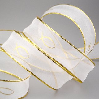20 m x 25 mm Chiffonband Fische Kommunion Konfirmation Chiffon Weiss Gold Dekoband Geschenkband Schleifenband