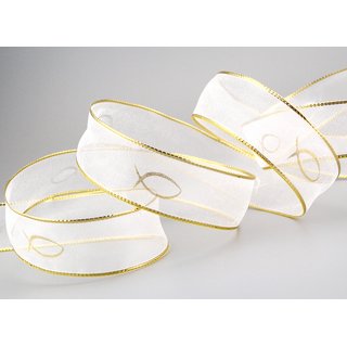 20 m x 25 mm Chiffonband Fische Kommunion Konfirmation Chiffon Weiss Gold Dekoband Geschenkband Schleifenband