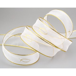 20 m x 25 mm Chiffonband Fische Kommunion Konfirmation Chiffon Weiss Gold Dekoband Geschenkband Schleifenband