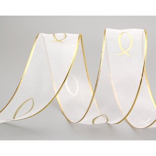 3 m x 40 mm Chiffonband Fische Kommunion Konfirmation Chiffon Weiss Gold Dekoband Geschenkband Schleifenband