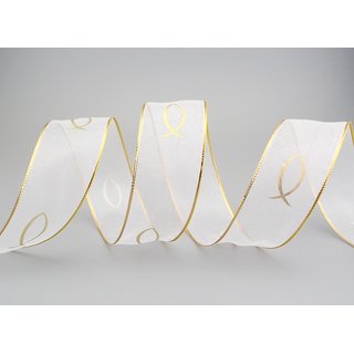 3 m x 40 mm Chiffonband Fische Kommunion Konfirmation Chiffon Weiss Gold Dekoband Geschenkband Schleifenband