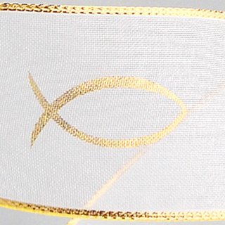 20 m x 40 mm Chiffonband Fische Kommunion Konfirmation Chiffon Weiss Gold Dekoband Geschenkband Schleifenband
