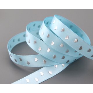 3 m x 15 mm Dekoband BABY HEARTS HELLBLAU Satinband mit Herzen Muster Geburt Taufe Band Geschenkband Schleifenband