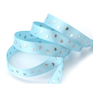 25 m x 15 mm Dekoband BABY HEARTS HELLBLAU Satinband mit Herzen Muster Geburt Taufe Band Geschenkband Schleifenband