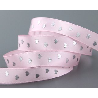 25 m x 15 mm Dekoband BABY HEARTS ROSA Satinband mit Herzen Muster Geburt Taufe Band Geschenkband Schleifenband