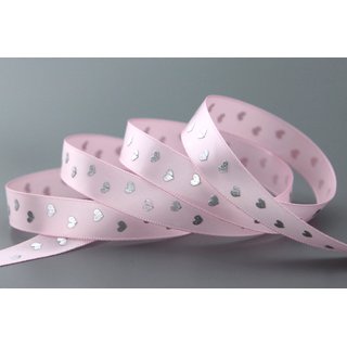 25 m x 15 mm Dekoband BABY HEARTS ROSA Satinband mit Herzen Muster Geburt Taufe Band Geschenkband Schleifenband
