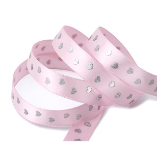 25 m x 15 mm Dekoband BABY HEARTS ROSA Satinband mit Herzen Muster Geburt Taufe Band Geschenkband Schleifenband