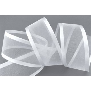 25 m x 38 mm Chiffonband mit Satin Kante WEISS (01) Chiffon Dekoband Schleifenband Geschenkband ohne Draht Organza
