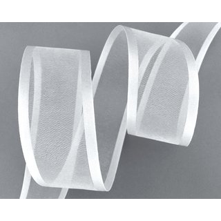 25 m x 38 mm Chiffonband mit Satin Kante WEISS (01) Chiffon Dekoband Schleifenband Geschenkband ohne Draht Organza