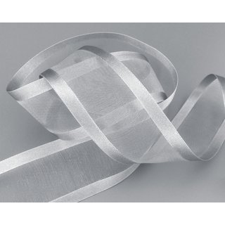 25 m x 38 mm Chiffonband mit Satin Kante GRAU SILBER (05) Chiffon Dekoband Schleifenband Geschenkband ohne Draht Organza