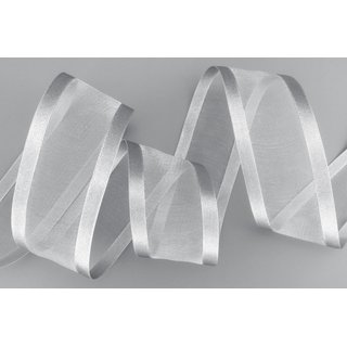 25 m x 38 mm Chiffonband mit Satin Kante GRAU SILBER (05) Chiffon Dekoband Schleifenband Geschenkband ohne Draht Organza
