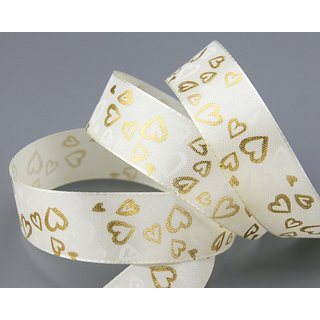 20 m x 25 mm Dekoband Golden Hearts CREME GOLD Taftband mit Herzen Schleifenband Stoffband Hearts Valentinstag