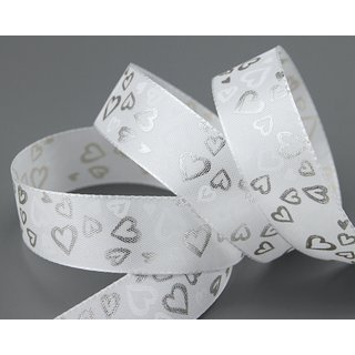 20 m x 25 mm Dekoband Silver Hearts WEISS SILBER Taftband mit Herzen Schleifenband Stoffband Hearts Valentinstag
