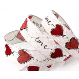 3 m x 25 mm Dekoband Love CREME ROT Drahtkantenband mit Herzen Stoffband Hearts Valentinstag