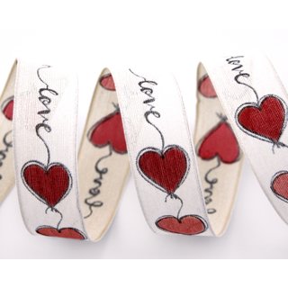 3 m x 25 mm Dekoband Love CREME ROT Drahtkantenband mit Herzen Stoffband Hearts Valentinstag