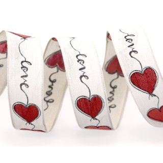 3 m x 25 mm Dekoband Love CREME ROT Drahtkantenband mit Herzen Stoffband Hearts Valentinstag