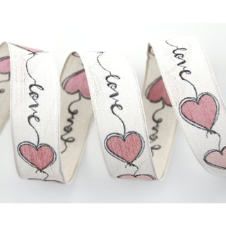 3 m x 25 mm Dekoband Love CREME ROSA Drahtkantenband mit Herzen Stoffband Hearts Valentinstag