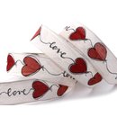 20 m x 25 mm Dekoband Love CREME ROT Drahtkantenband mit...