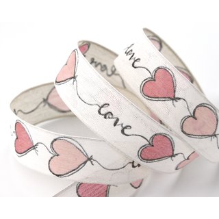 20 m x 25 mm Dekoband Love CREME ROSA Drahtkantenband mit Herzen Stoffband Hearts Valentinstag