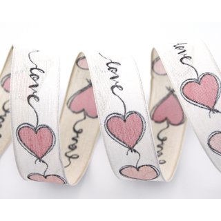 20 m x 25 mm Dekoband Love CREME ROSA Drahtkantenband mit Herzen Stoffband Hearts Valentinstag