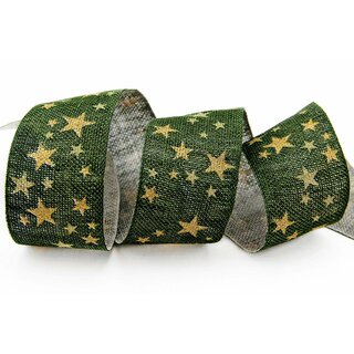 3 m x 40 mm Dekoband Country Stars DUNKELGRN Grn GOLD Geschenkband Leinen Stoffband Weihnachten mit Sternen