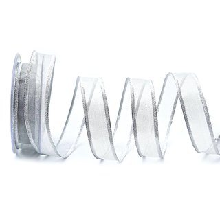 20 m x 25 mm Dekoband VANCOUVER Silber mit Draht transparent glnzend metallic Geschenkband Schleifenband Weihnachtsband