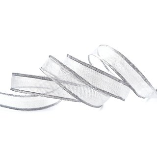 20 m x 25 mm Dekoband VANCOUVER Silber mit Draht transparent glnzend metallic Geschenkband Schleifenband Weihnachtsband