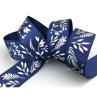 3 m x 25 mm Dekoband JANA BLAU Silber doppelseitiges Satinband einseitig Bedruckt mit Pflanzen Muster Geschenkband Glanz Herbst Winter