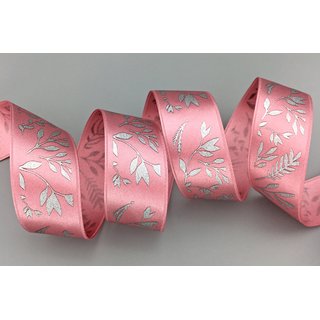 3 m x 25 mm Dekoband JANA ROSA Silber doppelseitiges Satinband einseitig Bedruckt mit Pflanzen Muster Geschenkband Glanz Herbst Winter