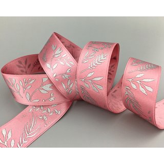 3 m x 25 mm Dekoband JANA ROSA Silber doppelseitiges Satinband einseitig Bedruckt mit Pflanzen Muster Geschenkband Glanz Herbst Winter
