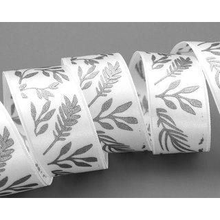 3 m x 25 mm Dekoband JANA WEISS Silber doppelseitiges Satinband einseitig Bedruckt mit Pflanzen Muster Geschenkband Glanz Herbst Winter