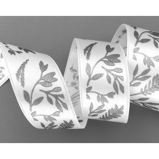 3 m x 25 mm Dekoband JANA WEISS Silber doppelseitiges Satinband einseitig Bedruckt mit Pflanzen Muster Geschenkband Glanz Herbst Winter