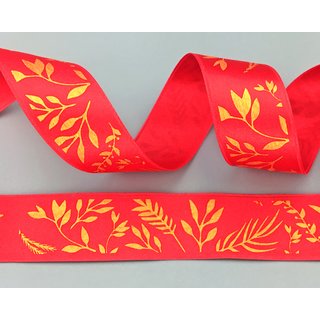 3 m x 25 mm Dekoband JANA ROT Gold doppelseitiges Satinband einseitig Bedruckt mit Pflanzen Muster Geschenkband Glanz Herbst Winter