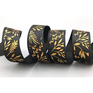 3 m x 25 mm Dekoband JANA SCHWARZ Gold doppelseitiges Satinband einseitig Bedruckt mit Pflanzen Muster Geschenkband Glanz Herbst Winter