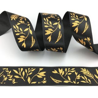 3 m x 25 mm Dekoband JANA SCHWARZ Gold doppelseitiges Satinband einseitig Bedruckt mit Pflanzen Muster Geschenkband Glanz Herbst Winter