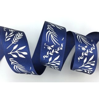 20 m x 25 mm Dekoband JANA BLAU Silber doppelseitiges Satinband einseitig Bedruckt mit Pflanzen Muster Geschenkband Glanz Herbst Winter
