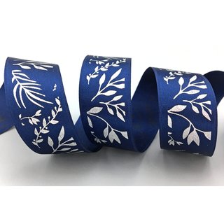 20 m x 25 mm Dekoband JANA BLAU Silber doppelseitiges Satinband einseitig Bedruckt mit Pflanzen Muster Geschenkband Glanz Herbst Winter