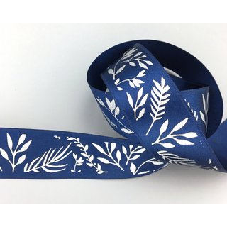 20 m x 25 mm Dekoband JANA BLAU Silber doppelseitiges Satinband einseitig Bedruckt mit Pflanzen Muster Geschenkband Glanz Herbst Winter
