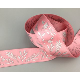 20 m x 25 mm Dekoband JANA ROSA Silber doppelseitiges Satinband einseitig Bedruckt mit Pflanzen Muster Geschenkband Glanz Herbst Winter
