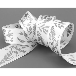 20 m x 25 mm Dekoband JANA WEISS Silber doppelseitiges Satinband einseitig Bedruckt mit Pflanzen Muster Geschenkband Glanz Herbst Winter