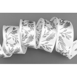 20 m x 25 mm Dekoband JANA WEISS Silber doppelseitiges Satinband einseitig Bedruckt mit Pflanzen Muster Geschenkband Glanz Herbst Winter