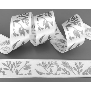 20 m x 25 mm Dekoband JANA WEISS Silber doppelseitiges Satinband einseitig Bedruckt mit Pflanzen Muster Geschenkband Glanz Herbst Winter
