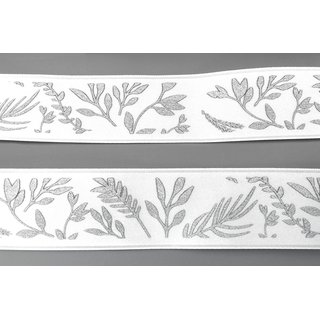 20 m x 25 mm Dekoband JANA WEISS Silber doppelseitiges Satinband einseitig Bedruckt mit Pflanzen Muster Geschenkband Glanz Herbst Winter