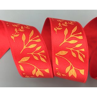 20 m x 25 mm Dekoband JANA ROT Gold doppelseitiges Satinband einseitig Bedruckt mit Pflanzen Muster Geschenkband Glanz Herbst Winter