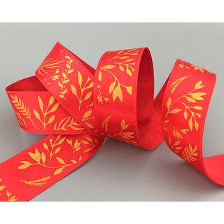 20 m x 25 mm Dekoband JANA ROT Gold doppelseitiges Satinband einseitig Bedruckt mit Pflanzen Muster Geschenkband Glanz Herbst Winter