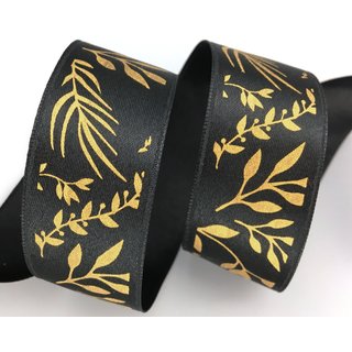 20 m x 25 mm Dekoband JANA SCHWARZ Gold doppelseitiges Satinband einseitig Bedruckt mit Pflanzen Muster Geschenkband Glanz Herbst Winter